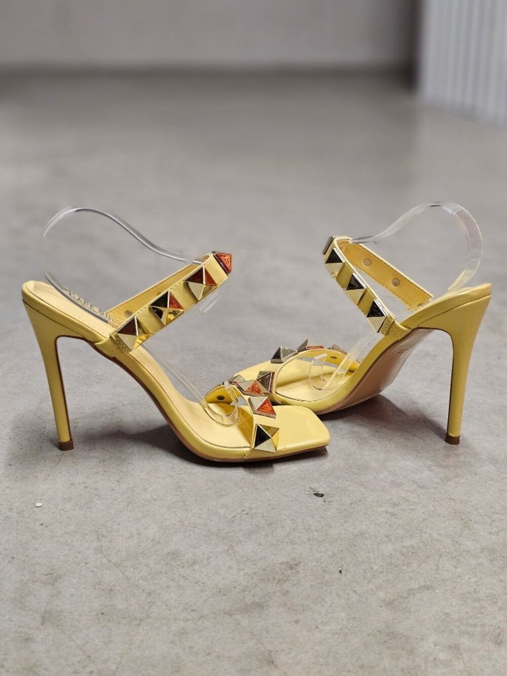 Yellow Studded High Heel Sandals With Straps & Square Toe Design For Women
